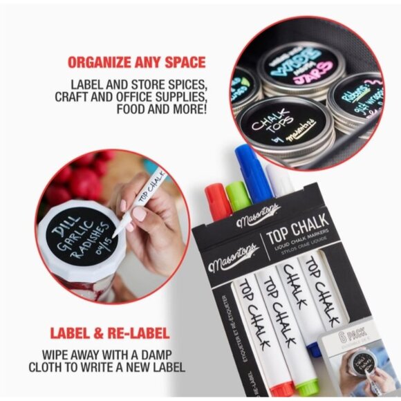 Mason Tops Liquid Chalk Markers 6-Pack - Erasable Fine Point For Chalkboards & L - Picture 2 of 4
